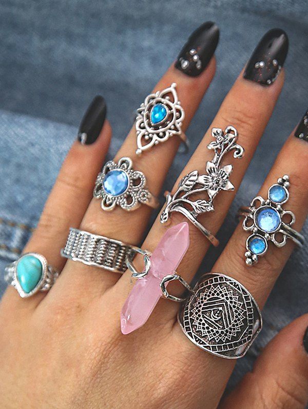 8 Pcs Floral Hollow Out Rhinestone Faux Turquoise Vintage Rings Set - SILVER 