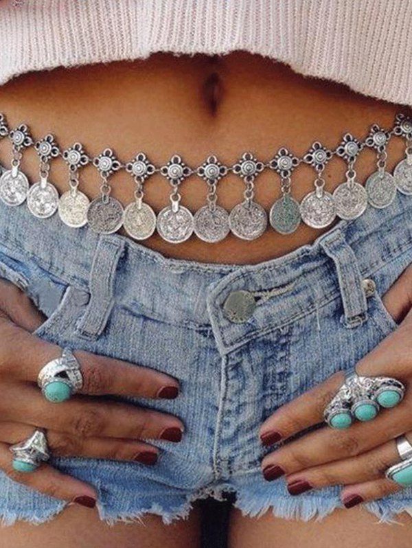 Convertible Vintage Link Chain Body Jewerly Coin Pendants Floral Belly Chain - SILVER 