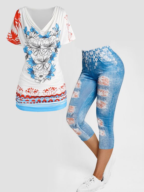 Ensemble d'Eté Décontracté avec T-shirt à Imprimé Fleuri et Col Bénitier et Legging à Imprimé Floral en 3D - Bleu clair S
