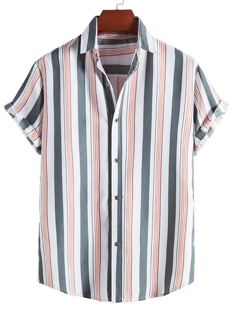 Striped Print Shirt Curved Hem Turn Down Collar Summer Casual Button-up Shirt - multicolor A 2XL