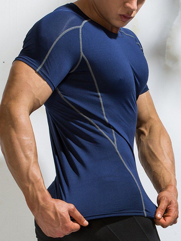Sporty T Shirt Skinny Short Sleeve Round Neck Minimalist Swimming Top - BLUE XL