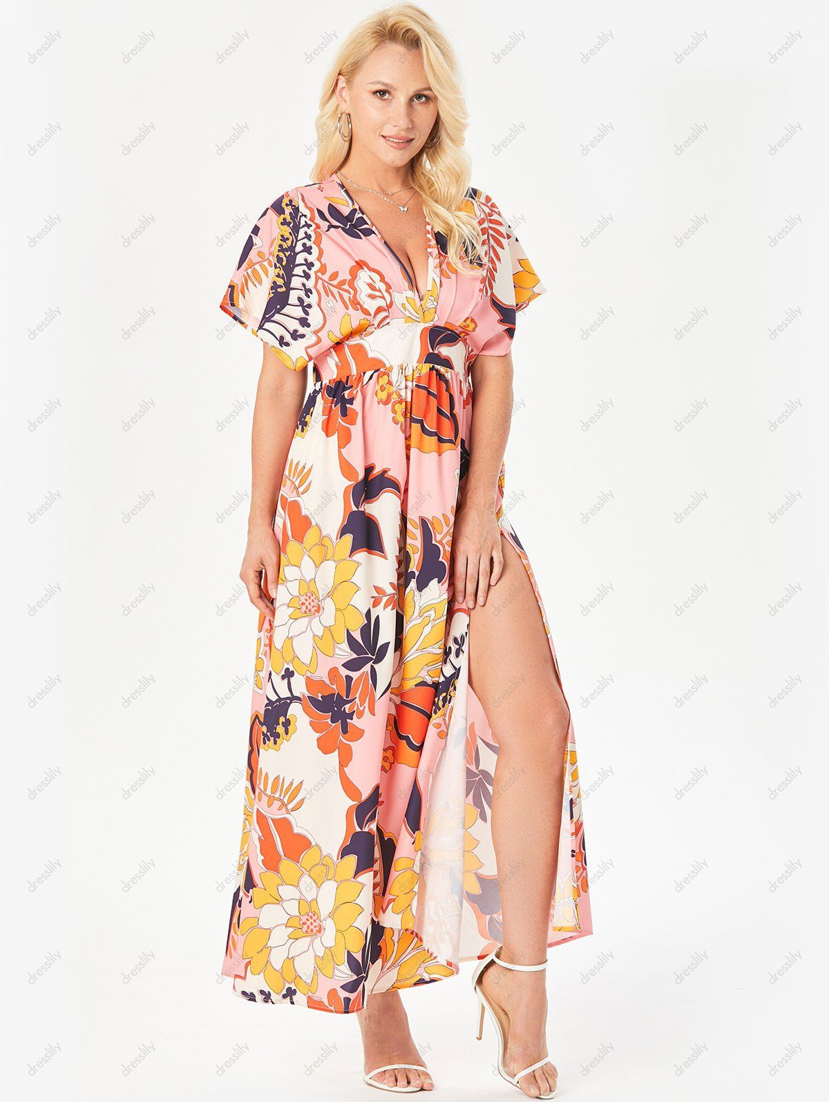 Bright Flower Print Bohemian Maxi Dress High Slit Dolman Sleeve Plunge High Waist Dress 