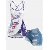 American Flag Butterfly Print Strappy Tank Top and Star Patriotic Ripped Raw Hem Denim Shorts Summer Casual Outfit - multicolor S