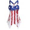 American Flag Star Striped Print O Ring Cut Out Handkerchief Tank Top and Lace Up Skinny Crop Leggings Summer Outfit - multicolor S