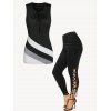 Lace Up Contrast Colorblock Tank Top and Cinched Skinny Slit Pants Summer Casual Outfit - BLACK S