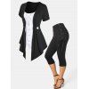 Lace Up Asymmetrical Hem Mock Buttons Faux Two Piece Top and Grommet High Rise Capri Leggings Summer Casual Outfit - BLACK S