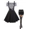 Houndstooth Off Shoulder Knotted Top Suspender Skirt and Hollow Out High Waist Semi Opaque Long Pantyhose Summer Outfit - BLACK S