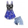 Rose Lace Insert Lip Star Print Polka Dot Striped Ombre Tank Top and Pockets Frayed Hem Distressed Zipper Fly Denim Shorts Summer Casual Outfit - multicolor S