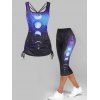 Moon Phase Allover Print Cinched Side Galaxy Tank Top and Galaxy Print Capri Leggings Summer Casual Outfit - multicolor S