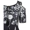 T-shirt à Franges Découpées à Epaule Dénudée à Empiècement en Dentelle Florale - Noir XL