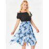 Cold Shouder Asymmetric Dress Butterfly Flower Print Contrast Combo Dress Ruffled Puff Sleeve A Line Dress - BLUE XXL