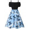Cold Shouder Asymmetric Dress Butterfly Flower Print Contrast Combo Dress Ruffled Puff Sleeve A Line Dress - BLUE XXL