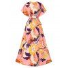 Bright Flower Print Bohemian Maxi Dress High Slit Dolman Sleeve Plunge High Waist Dress - multicolor L