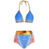 Bohemian Halter Bikini Swimsuit Ringer Printed Cut Out High Waist Tummy Control Swimwear - BLUE L