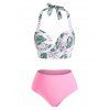 Tropical Corset Bikini Swimsuit Leaf Print Push Up Three Piece Swimwear Set - multicolor L