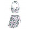 Tropical Corset Bikini Swimsuit Leaf Print Push Up Three Piece Swimwear Set - multicolor L