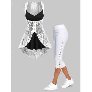 

Heathered Flare Skirted Cami Top Slit Flower Vest and Lace Up Skinny Crop Leggings Summer Casual Outfit, Multicolor