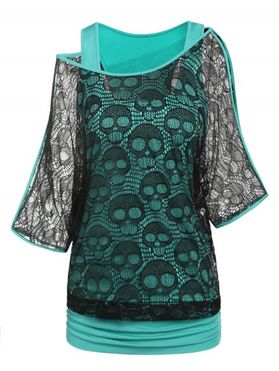 Skull Lace Insert Faux Twinset Top