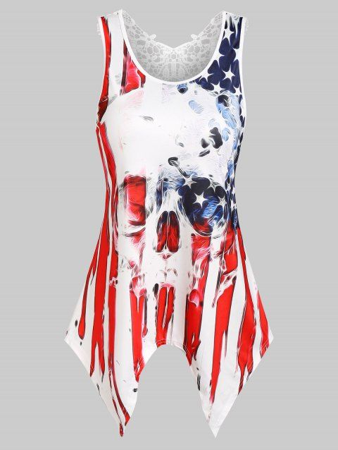 Plus Size Gothic Tank Top American Flag Skull Print Handkerchief Hem Hollow Out Lace Panel Summer Top