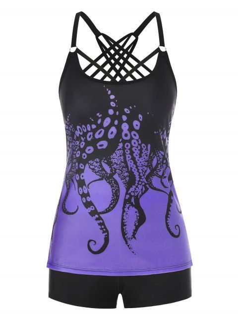 Tummy Control Tankini Swimsuit Crisscorss Octopus Print Swimwear Boyshort Summer Beach Bathing Suit