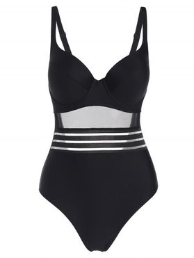 Plus Size One-piece Swimsuit Striped Underwire Push Up Plunging Neck Mesh Black Swimwear