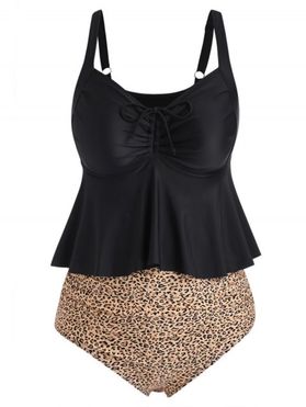 Plus Size Leopard Print Swimsuit Cinched Ruched High Waist Ruffle Modest Tankini Swimwear