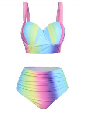 Ombre Tankini Swimsuit Rainbow Striped Print Scalloped Underwire Push Up Ruched Tummy Control Summer Swimwear