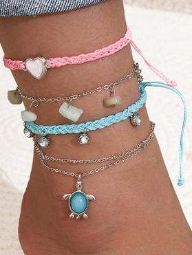 4 Pcs Beach Anklets Turtle Faux Turquoise Heart Rhinestone Charms Braided Rope Layered Trendy Ankle Chains Set