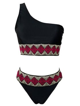 Beach Tankini Swimsuit Geometric Print High Cut One Shoulder Padded Summer Swimwear