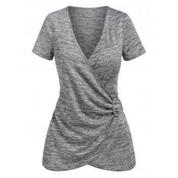 

Rhinestone O Ring Plunging Neck Wrap Heathered Tee, Light gray