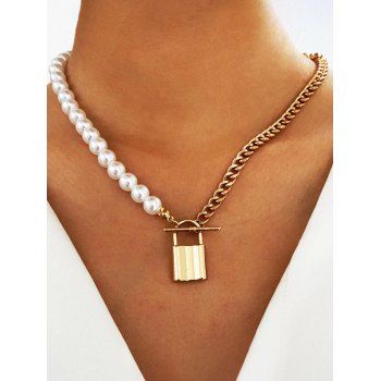 Vintage Style Faux Pearl Chain Necklace Golden Lock Pendant Trendy Necklace
