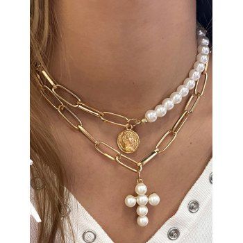 

Trendy Layered Necklace Faux Pearl Cross Circle Pendant Character Pattern Necklace, Golden