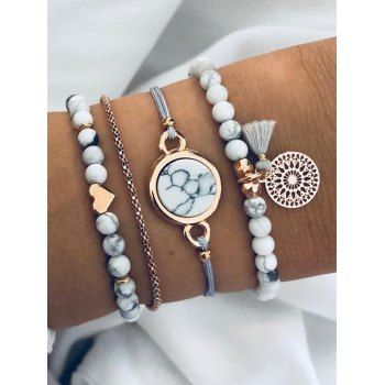 

4 Pcs Bracelets Marbled Print Beaded Heart Tassel Hollow Out Circle Charms Trendy Bracelets Set, White