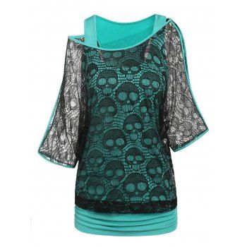 Skull Lace Insert Faux Twinset Top