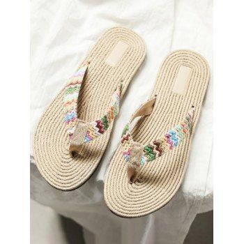 

Bohemian Style Flip Flops Flat Colored Weave Summer Beach Slippers, White