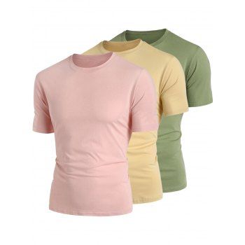 

3Pcs Basic T Shirts Pure Color Short Sleeve Tees Set, Multicolor b