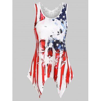 Plus Size Gothic Tank Top American Flag Skull Print Handkerchief Hem Hollow Out Lace Panel Summer Top