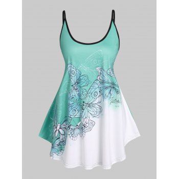 

Contrast Colorblock Casual Tank Top Butterfly Print Ringer High Waist Skirted Summer Top, Light green
