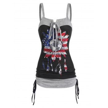 

Floral Print Casual Tank Top Contrast Colorblock Lace Up Cinched American Flag Summer Top, Black