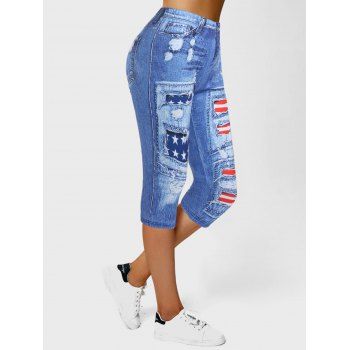 

Casual Capri Jeggings American Flag Star Striped Print Faux Denim Elastic Waist Summer Leggings, Blue