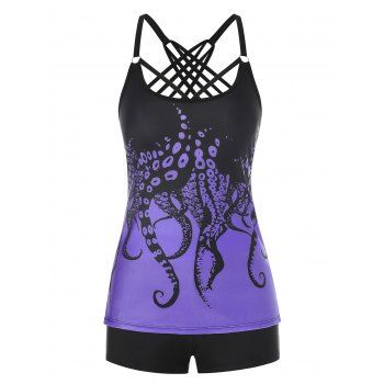 

Tummy Control Tankini Swimsuit Crisscorss Octopus Print Swimwear Boyshort Summer Beach Bathing Suit, Purple