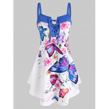 

Plus Size Tank Top Flower Butterfly Print Lace Up High Waist Curved Hem Top, Blue
