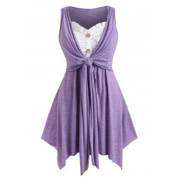 

Plus Size Tank Top Slit Ruffle Mock Button Empire Waist Contrast Colorblock Casual Top, Light purple
