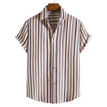 

Casual Shirt Vertical Striped Print Curved Hem Turn Down Collar Short Sleeve Summer Shirt, Multicolor b