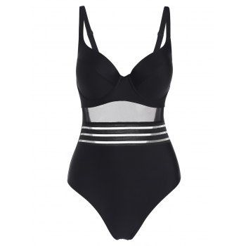 

Plus Size One-piece Swimsuit Striped Underwire Push Up Plunging Neck Mesh Black Swimwear