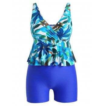 

Plus Size Tropical Tankini Swimsuit Flower Leaf Print Ruffle Plunging Neck Surplice Modest Tummy Control Swimwear, Multicolor