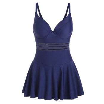 

Plus Size One-piece Swimsuit Striped Mesh Insert Plunging Neck Underwire Push Up Ruffle Modest Swimwear, Deep blue