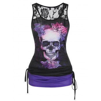 

Summer Gothic Contrast Colorblock Tank Top Skull Floral Print Cinched Lace Insert Top, Black