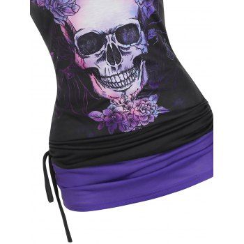 Summer Gothic Contrast Colorblock Tank Top Skull Floral Print Cinched Lace Insert Top