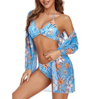 

Beach Cover Up Top Leaf Floral Print Mesh Sheer Long Sleeve Open Front Vacation Cover-up, Light blue